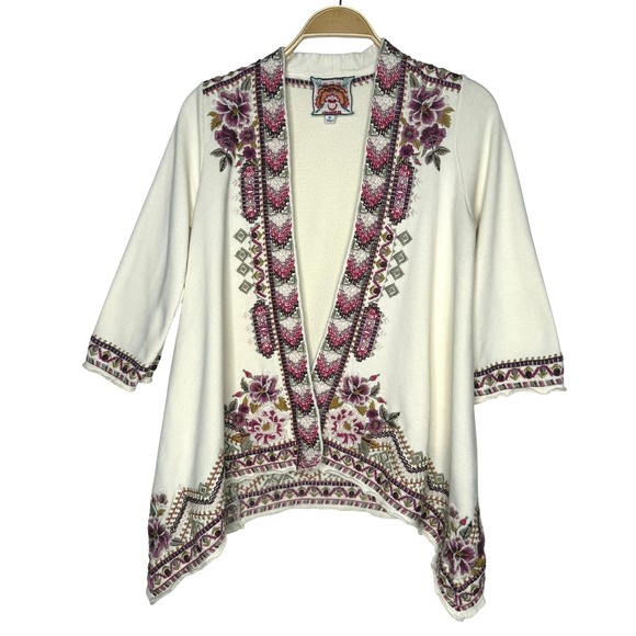 Johnny Was Embroidered Open Front Cardigan Sweater Womens XS Cream Floral Boho - Picture 1 of 10